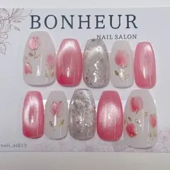 67【韓国ネイル ピンク フラワー ラメ 上品 大人可愛い ネイルチップ】