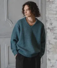 Casper John ウールミックスVネックニット　ブルー　M