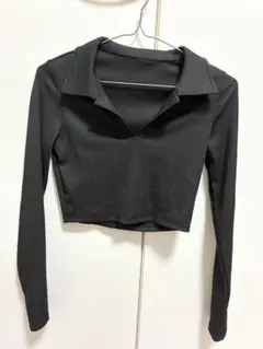 SHEIN 襟付き リブカットソー ブラック XS