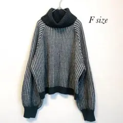 タートルネック ストライプ柄 ニット セーター ブラック グレー F a0491