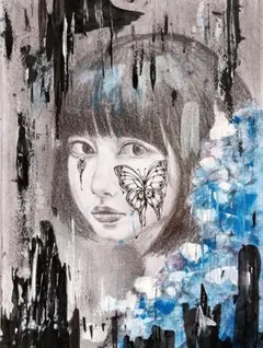 美人画 細密画 鉛筆 水彩 アナログアート 手描き 原画 現代アート 蝶