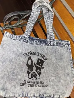 内ポケット付ボストンテリア帽子デザインケミカルウォッシュデニムトートバック