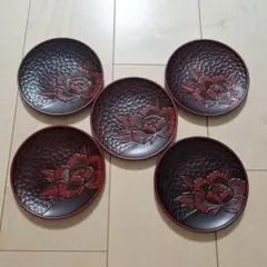 菓子皿 5枚セット 彫刻 漆器 丸盆 菓子入れ