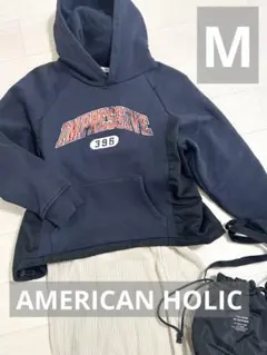 AMERICAN HOLIC ネイビー 異素材切り替えドロストプルオーバー M