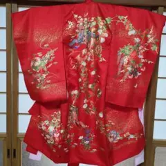 お宮参り正絹　 掛け着物 赤 金彩 御所車のサムネイル