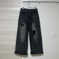 ダメージ加工 ワイドデニムパンツ ブラックのサムネイル