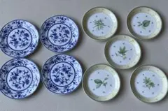 青い花柄と緑の植物柄 小皿 9枚セット　16cm 4枚　15cm 5枚