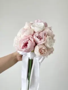 ピオニー 芍薬 ローズ ブーケ ホワイト ブートニア付 選べるリボン色&デザイン ピオニー ローズブーケ ピンク アイボリー ブートニア付 選べるリボン