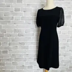 パフスリーブ ワンピース 黒 シアー袖 フォーマル 結婚式 膝丈 C79