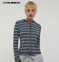 長袖ジップフロントストライプトップス