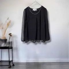 ロペピクニック◎パール付　シフォンブラウス　38 M 黒　シースルー袖　ブラック