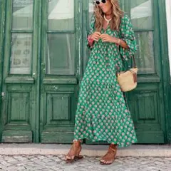 花柄ロングワンピース Vネック 体型カバー ゆったり マキシ丈 グリーン M