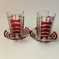 レトロな　カットグラスセット　赤色