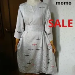 SALE！化繊 鶴柄 ウエストリボン付きタック入りワンピース♪着物リメイク
