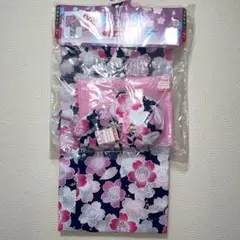 キッズ　桜の花柄　浴衣　4点セット　綿ネイビー　ピンク　100% 120cm