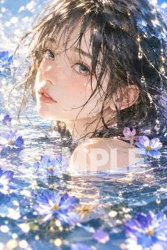 1753 幻想的な水辺の少女と青い花｜デジタルアート 2Lサイズ