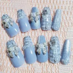 ネイルチップ フレンチガーリー スナ系 リボン 量産型 ツイード 韓国