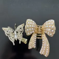 ヘアアクセサリー　2点セット　綺麗め　ゴールド　リボン　蝶々