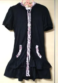 夢展望 パーカーワンピース　黒×花柄ピンク 平成姫ギャル リボン付きのサムネイル