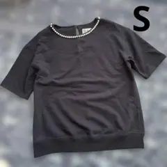 半袖 カットソー パール　ネックライン　ネイビー