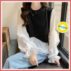 クルーネックニット 重ね着風 エレガントブラウス ふんわり袖 バルーン