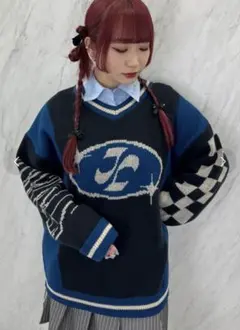 jouetie ラインロゴジャガードvネックニット ネイビー ブラック セーター