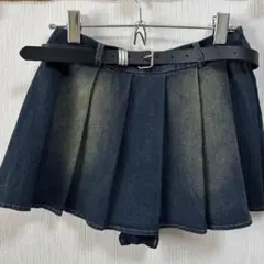 ダークブルー デニム プリーツスカートパンツ　　ベルト付き