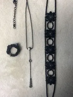 ブラックビーズフラワーチョーカー＆リング&ドロップネックレス3点セット