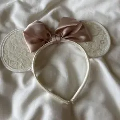 ミッキー型レースカチューシャ ピンクリボン