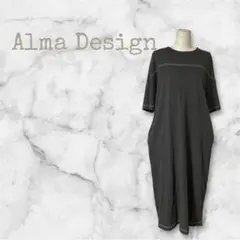 Alma Design配色ステッチ Tシャツワンピース チャコールグレー M