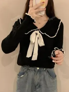 SHEIN リボン付きフリル長袖ニットセーター