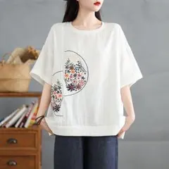 Tシャツ ゆったり カジュアル フリー ラウンドネック 刺繍 3カラー展開