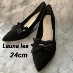 Launa lea黒 リボン ポインテッドトゥパンプス　24cm ヒール7cm