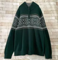 L.L.Bean エルエルビーン ハーフジップ ニット フェアアイル柄 緑 M