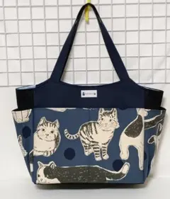 BIG猫・猫柄・ 濃紺サイドポケット付きトートバッグ