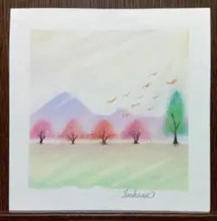 額無 パステルアート 春の黄昏と野山の風景② パステル画原画 風景画