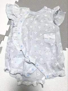 夏素材　水色 花柄ロンパース 60-70cm