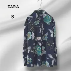 ザラ　長袖ブラウス　 シャツ　花柄 ネイビー　S
