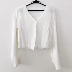 SHEIN DAZY Vネックショート丈ブラウス シワ加工 とろみ ホワイト Sのサムネイル