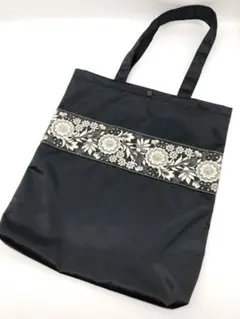 インド刺繍リボンのトートバッグ♡A4サブバッグナイロンサテンネイビー