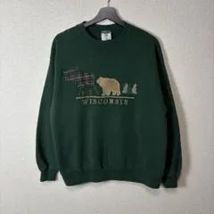 90s スウェット トレーナー USA 古着 チェック アニマル グリーン 緑