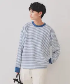 オペークドットクリップ　ボーダールーズフィットカットソーブルーL