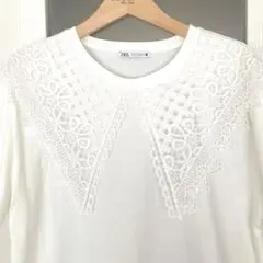 ZARA レース襟付きTシャツ　半袖　白　L(XL相当) 大きめ
