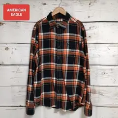 AMERICAN EAGLE チェック柄ネルシャツ ネイビー×オレンジ サイズL