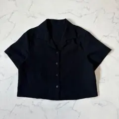 美品】theory オープンカラーシャツ ブラウス 半袖サテンS ネイビー 
