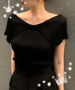 ビックカラー　Vネック　リブニット　オフショルダー