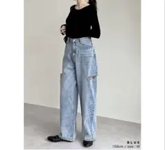 Re:EDIT サイドスリットワイドストレートコットンデニムパンツ ブルーSC