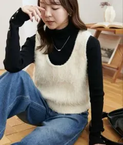 DISCOAT シャギーUネックベスト　アイボリー