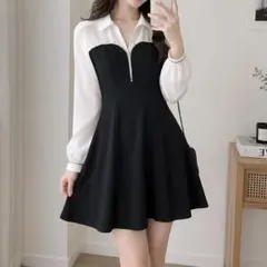 バイカラー ワンピース 韓国系 モノトーン シャツワンピ フェミニン モテ服