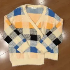 【美品✨】韓国ファッション　ジャギーニットチェック柄 Vネックカーディガン